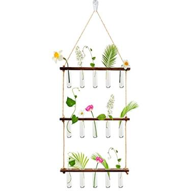 Imagem de Terrário para pendurar na parede, estação de propagação de plantas em 3 camadas com suporte de madeira e 15 tubos de teste de vidro, decoração de jardim doméstico para plantas hidropônicas e flores de