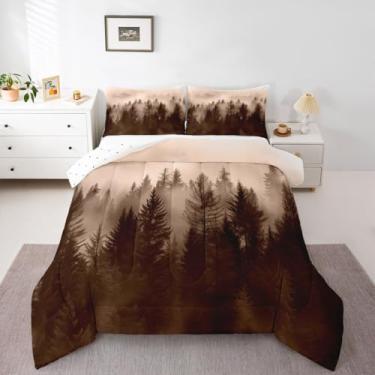 Imagem de jejeloiu Conjunto de edredom infantil, solteiro, montanha, nebuloso, montanha, marrom, para decoração de quarto de crianças, meninos, meninas, árvore, microfibra, ultramacia e respirável