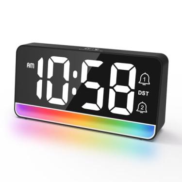 Imagem de Despertadores para quartos, relógio de cabeceira digital com luz noturna RGB, volume ajustável para pessoas com sono pesado, carregador USB, tela grande, decoração moderna para mesa, despertador