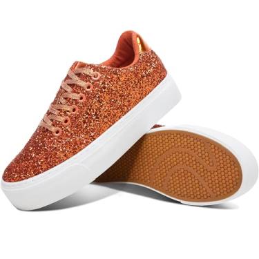 Imagem de Jeekopeg Tênis feminino com plataforma com glitter, casual, lantejoulas, brilhante, sola grossa, para caminhada, tênis de casamento com lantejoulas brilhantes para mulheres, Glitter laranja, 37