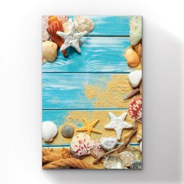 Imagem de Quadro Decorativo de Praia, Conchas e Estrelas do Mar em Madeira Azul, Arte Marinha, 60x40 cm