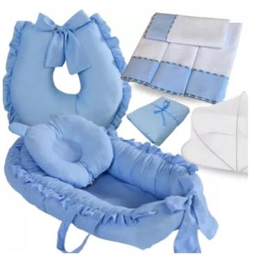 Imagem de KIt enxoval Ninho Redutor de Berço Almofada Amamentação Cobertor Toalha Banho Mosquiteiro Kit 5 Peças (4 Peças azul)