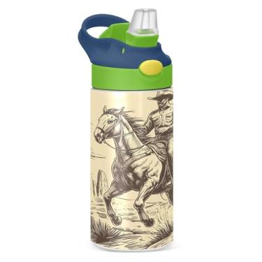 Imagem de CEBUGI Garrafas de água de equitação cowboy à prova de vazamento infantil com canudo Garrafa de água isolada a vácuo de aço inoxidável para meninos e meninas