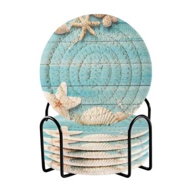 Imagem de Wassud Porta-copos com suporte tema de praia absorvente conjunto de porta-copos para decoração de casa, proteção de mesa, 6 peças