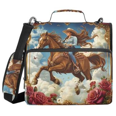 Imagem de xigua Fichário feminino montando cavalo com zíper com alça de ombro e alça para transporte fácil, fichário de 3 anéis para escola, painel de expansão e arquivo expansível