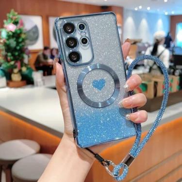 Imagem de Capa protetora com pulseira magnética e revestimento cromado para Samsung Galaxy S24 S23 S21 FE S25 Ultra S22 Plus, com glitter degradê, azul, para Samsung Galaxy S21 Plus.