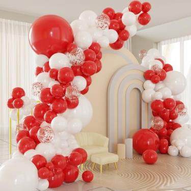 Imagem de Kit de arco de balões vermelhos e brancos, 124 peças de balões confetes vermelhos e brancos com fita de 5 metros e cola de pontos para decoração de festa de casamento e aniversário de formatura