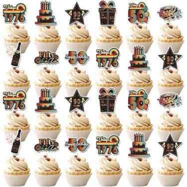 Imagem de Hokinaa 50th Birthday Cupcake Toppers - 36 Pcs Vintage Retro Sunset Birthday Party Decorations Paper Cup Cake Picks, Happy Anniversary Cheers to 50 Year Old Back in 1976 Decor Supplies for Men Women