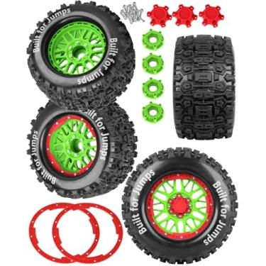 Imagem de RCarmubWow 1/8 1/10 17mm Hex RC Truck Tires,Wheels and Tires for 1/10 E-Revo T-Maxx Summit Kraton Outcast Monster Truck,Buggy Rubber Tyres and Rims w/Foam Insert for RC Off-Road Car,Green-Red
