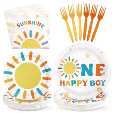 Imagem de Greencian 96 peças de decoração de festa de aniversário de 1º aniversário para menino feliz, pratos e guardanapos com tema Sunshine, conjunto de utensílios de mesa descartáveis para crianças e meninos