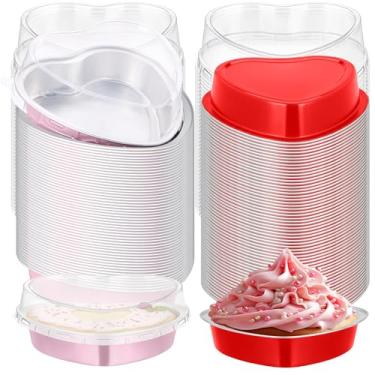 Imagem de Potchen 100 peças de 255 g de folha de alumínio para o dia dos namorados, mini formas de bolo de coração, descartáveis, em forma de coração, com tampas, forros de cupcake, formas de muffin, copos de