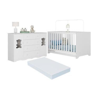 Imagem de Berço Americano 3 Em 1 Com Colchão Incluso E Cômoda 2 Portas 4 Gavetas Doçura Multimóveis MP4737 Branco