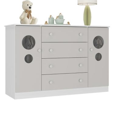 Imagem de Cômoda Infantil 125cm 2 Portas Com Vidro E 4 Gavetas Pirulito Multimóveis MP4470 Branco-off White