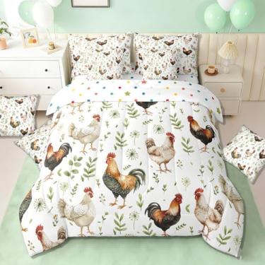 Imagem de Lindo jogo de cama de galinha com 7 peças, animais de fazenda, tamanho solteiro, cama de galo rural em uma bolsa com edredom, lençóis, fronhas, estampa de folhas, conjunto de edredom respirável com