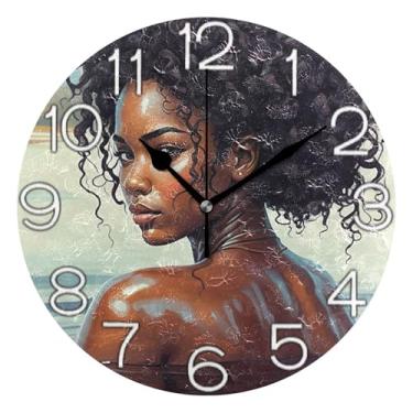 Imagem de GAIGEO Relógio de parede analógico decorativo relógio de cozinha bonito funky alimentado por bateria, arte de parede boho decoração de casa, arte feminina afro-americana, 25 cm, ponteiros pretos