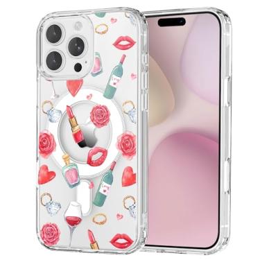 Imagem de OFQKOAKS Capa para iPhone 16 Pro, compatível com MagSafe, linda e romântica cálice com anel de batom, capa protetora fina e transparente para amantes
