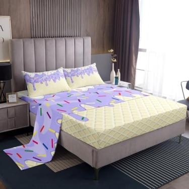 Imagem de Homewish Jogo de lençol Queen colorido com sorvete roxo e branco para decoração de quarto de adultos, picolé de microfibra, lençol com elástico, 2 fronhas