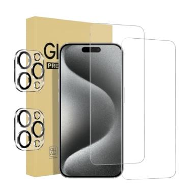 Imagem de Pacote com 2 protetores de tela para iPhone 15 Pro [6,1 polegadas] com 2 protetores de lente de câmera, película de vidro temperado, HD transparente, dureza 9H, sem bolhas, compatível com capas