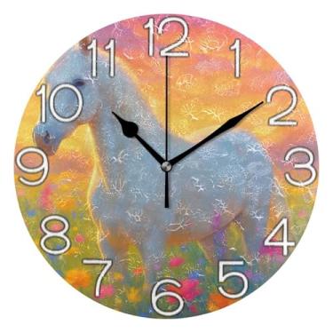 Imagem de GAIGEO Relógio de parede analógico decorativo escritório cozinha relógio estético silencioso sem tique-taque, decoração de parede de meados do século sala de estar cavalo branco arte colorida, 25 cm