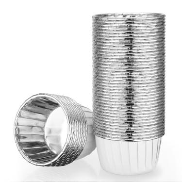 Imagem de EUSOAR Forros de cupcake prateados, 50 peças, suportes de cupcake de 100 ml, recipientes descartáveis de sobremesa, mini cheesecakes, forros de folha de alumínio, ramequins de muffin para festa de