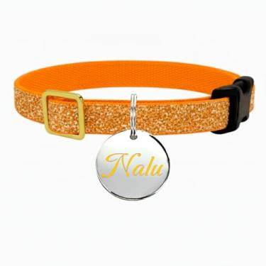 Imagem de Coleira Elástica para Gatos e Cães Pequenos Brilho Dourado com Plaqueta de Identificação Aço Inox e Personalizável (LARANJA)