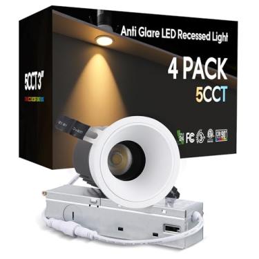 Imagem de TORCHSTAR Luzes embutidas de LED antirreflexo 5CCT de 7,6 cm com J-Box, luz de teto embutida com gimbal sem guarnição profunda, 2700-5000K selecionável, moldura ultra estreita, ETL FCC, pacote com 4