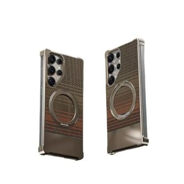 Imagem de Capa de celular KFla Grain Magnetic Metal para Samsung S25/S24/S23 Ultra - 2,5 mm de espessura e luz de 2,4 g, suporte comercial com rotação de 360° e ajuste de altura de 120° (marrom, Samsung Galaxy