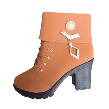 Imagem de Botas femininas de salto grosso com zíper lateral para outono e inverno moda cano médio salto alto casual, Marrom, 38