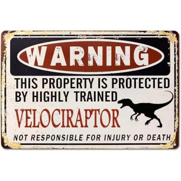 Imagem de Stmoau Decoração de dinossauro, placa de velociraptor de metal vintage engraçada