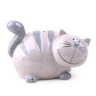 Imagem de Cofrinho de cerâmica para gatos, cofrinho cinza e branco em forma de gatinho com design sorridente, cofrinho fofo para crianças, primeira caixa de dinheiro, melhor aniversário, Natal (cinza e branco)