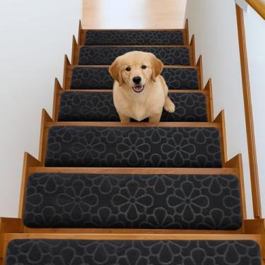 Imagem de Breling Pacote com 20 tapetes antiderrapantes para escadas de 76 x 20 cm com adesivo reutilizável para animais de estimação e idosos, tapetes de escada de poliéster TPR para degraus de madeira em