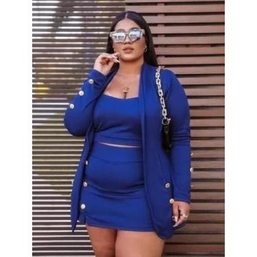 Imagem de Conjunto 3 Peças Plus Size Blazer +short Saia + Cropped - J&R, Azul ma