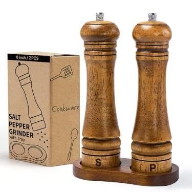 Imagem de M JINGMEI Conjunto de moedor de sal e pimenta de madeira, moedor de sal de madeira de carvalho premium, moedor de pimenta com gravação S e P, moedor de cerâmica ajustável (20.3 cm - 2 pacotes com