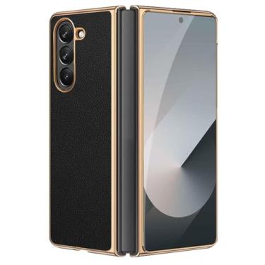 Imagem de Capa de couro para Samsung Galaxy Z Fold 7, capa ultrafina com borda dourada, suave, anti-riscos, à prova de impactos (Black)