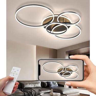 Imagem de Luminária de teto LED moderna para sala de estar, com intensidade de luz infinitamente ajustável, formato de anéis e controle remoto. Lâmpadas de teto redondas de 3000-6000K para quarto, sal