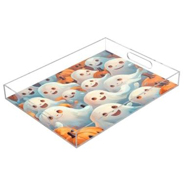 Imagem de xigua Bandeja de servir de acrílico fantasma de Halloween com alças à prova de derramamento, bandejas decorativas de festa de Halloween, bandeja organizadora de bancada para banheiro, cozinha, 30,5 x
