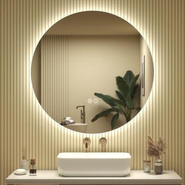 Imagem de SMIROR Espelho de banheiro redondo iluminado por LED para parede de 71 cm, espelho retroiluminado com luzes, antiembaçamento, 3 cores, regulável, memória, inquebrável