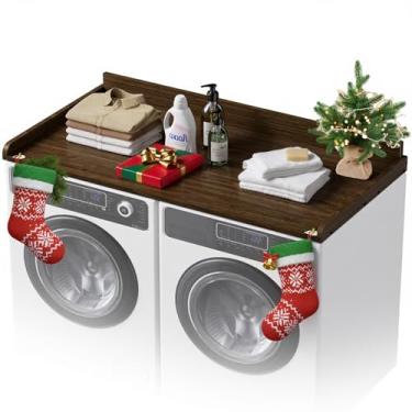 Imagem de COOLBEBE Bancada de lavadora e secadora, bancada de lavanderia sobre lavadora e secadora de madeira para a parte superior com almofadas antiderrapantes (nogueira)