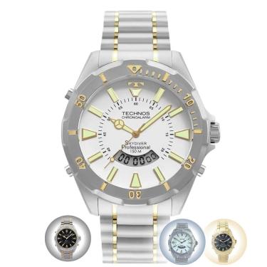 Imagem de Relógio de Pulso Masculino Technos Skydiver Prova Dagua 150M Pulseira e Caixa em Aço Inox Dourado Prata Misto