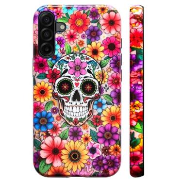 Imagem de Bcov Capa de camada dupla para Galaxy A17 5G, flores coloridas, crânio branco, à prova de choque, capa rígida híbrida + capa protetora de silicone para Samsung Galaxy A17 5G