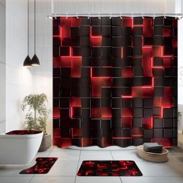 Imagem de Ufeela Conjunto de 4 peças de banheiro vermelho com cortina de chuveiro e tapetes 182 cm L x 182 cm A cubos 3D estéticos legais para meninos e homens, tapete de banheiro antiderrapante, capa para