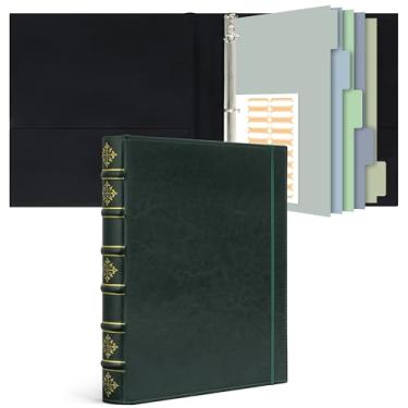 Imagem de Ospelelf Pasta de couro vintage com 3 anéis de 2,5 cm, organizador de fichários em D com abas, fichário verde com três anéis para escritório, escola e casa