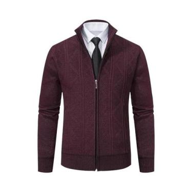 Imagem de Suéter Cardigan Masculino De Tricô Grosso, Quente, Com Gola Alta, Jaqu