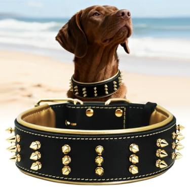 Imagem de Coleira de couro pontiagudo para cães – couro genuíno feito à mão premium, 5,2 polegadas de largura, proteção ousada e design elegante, ideal para raças poderosas - sombra dourada 52-62 cm