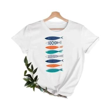 Imagem de Camiseta Feminina Casual De Manga Curta Com Estampa Gráfica De Peixe E
