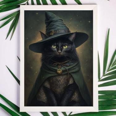 Imagem de Quadro Witchy Black Cat 45x34cm - Vidro e Moldura Branca