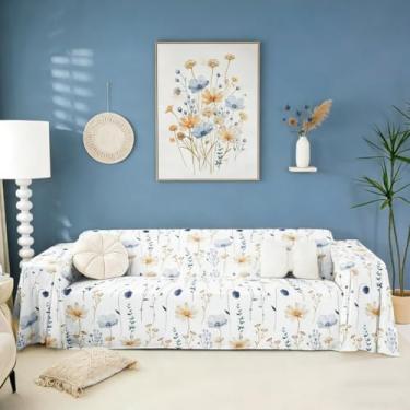 Imagem de Capa de sofá floral em aquarela com flor azul bege 231 x 340 cm, moderna, minimalista, branca, protetor de sofá rústico, lavável, antiderrapante, para sala de estar, protetor de móveis