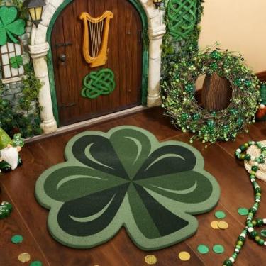 Imagem de Nuanchu Tapete de porta trevo do dia de São Patrício 71 x 71 cm capacho verde trevo da sorte tapetes laváveis antiderrapantes para porta da frente varanda pátio interior exterior cozinha lavanderia