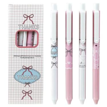 Imagem de MOZXIRZ 4 canetas retráteis fofas canetas de gel com laço rosa de 0,5 mm, ponta fina, tinta preta, caneta para escrita, material escolar, desenho kawaii, para mulheres e meninas (rosa)
