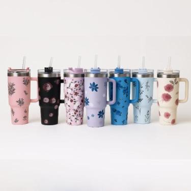 Imagem de Copo Térmico MS-957 1200ml Com Estampas Florais - Aço Inox com Tampa E